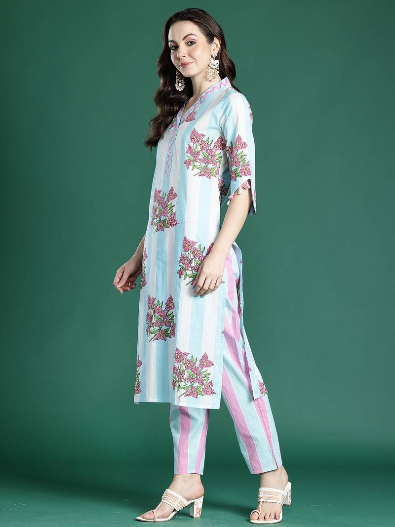 Blue printed pure cotton kurta trouser set