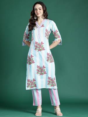 Blue printed pure cotton kurta trouser set 4