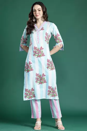 Blue printed pure cotton kurta trouser set