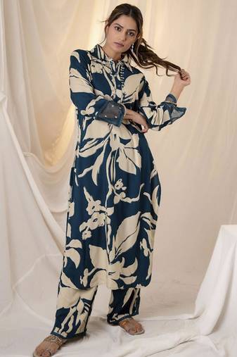 Teal printed viscose rayon kurta trouser set