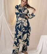 Teal printed viscose rayon kurta trouser set