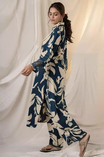 Teal printed viscose rayon kurta trouser set