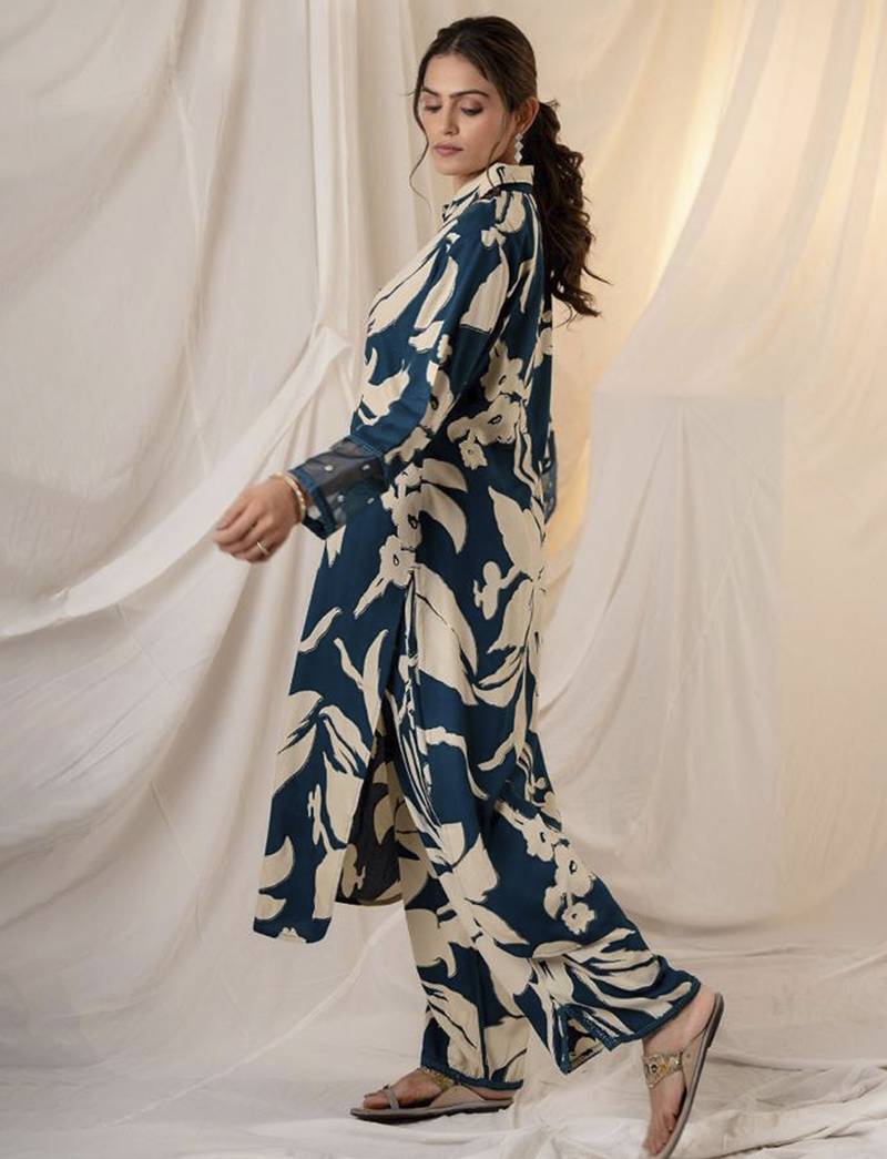 Teal printed viscose rayon kurta trouser set