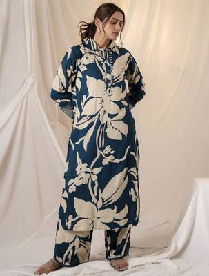 Teal printed viscose rayon kurta trouser set 3
