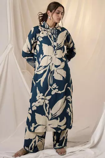 Teal printed viscose rayon kurta trouser set
