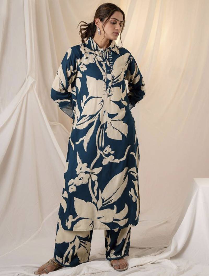Teal printed viscose rayon kurta trouser set