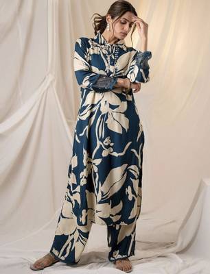Teal printed viscose rayon kurta trouser set 4