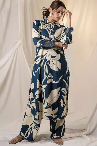 Teal printed viscose rayon kurta trouser set