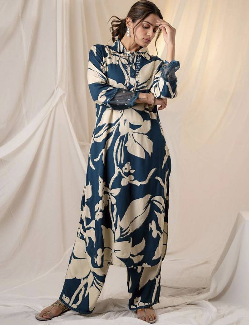 Teal printed viscose rayon kurta trouser set