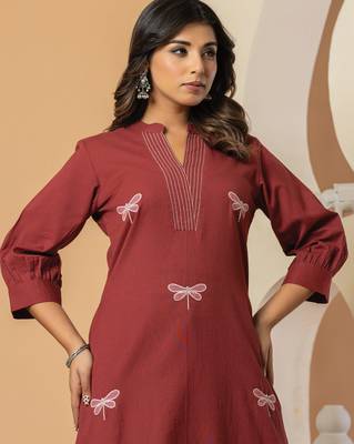 Maroon embroidered pure cotton kurta trouser set 2
