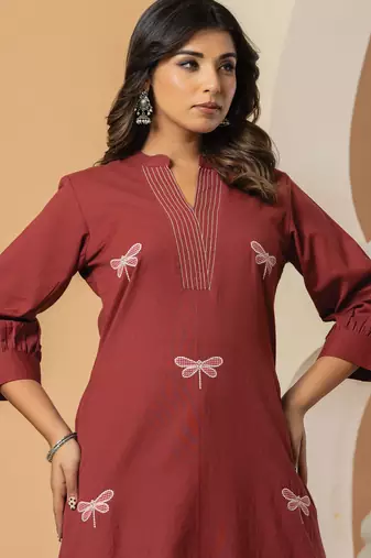 Maroon embroidered pure cotton kurta trouser set