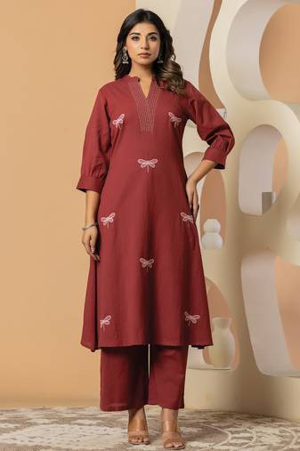 Maroon embroidered pure cotton kurta trouser set