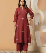 Maroon embroidered pure cotton kurta trouser set