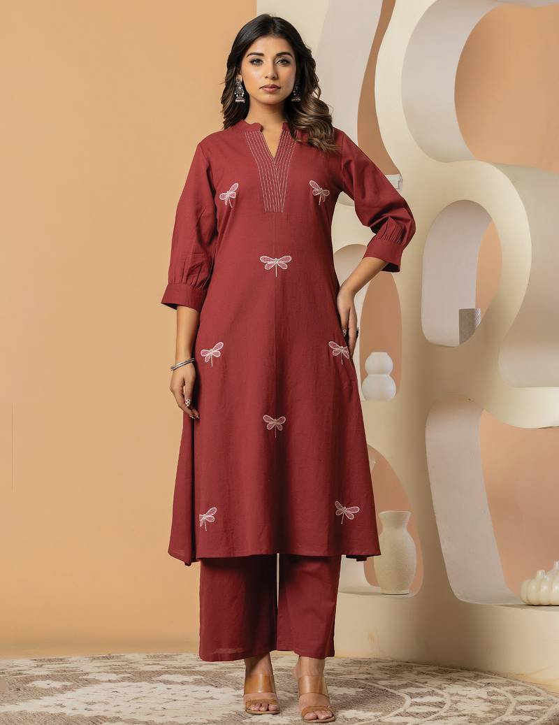 Maroon embroidered pure cotton kurta trouser set