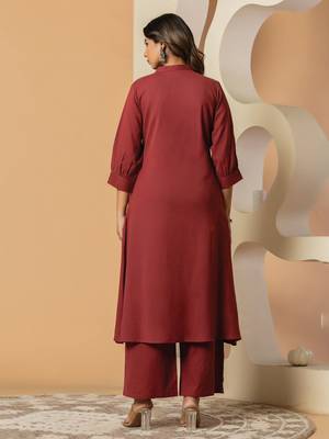 Maroon embroidered pure cotton kurta trouser set 3