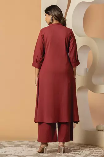 Maroon embroidered pure cotton kurta trouser set