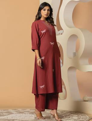 Maroon embroidered pure cotton kurta trouser set 4