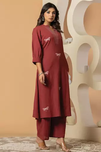 Maroon embroidered pure cotton kurta trouser set