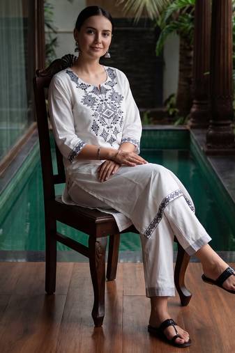 White printed pure cotton kurta trouser set