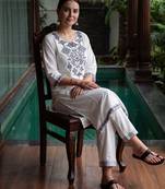 White printed pure cotton kurta trouser set