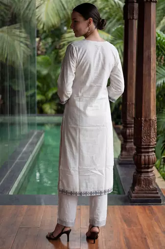 White printed pure cotton kurta trouser set