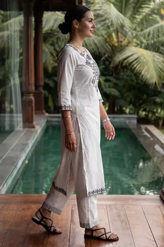 White printed pure cotton kurta trouser set