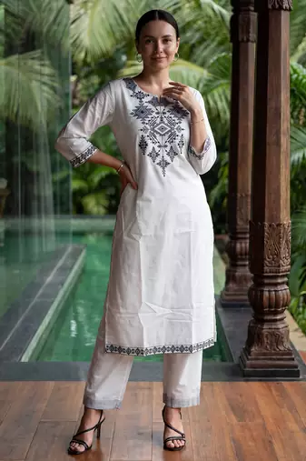 White printed pure cotton kurta trouser set