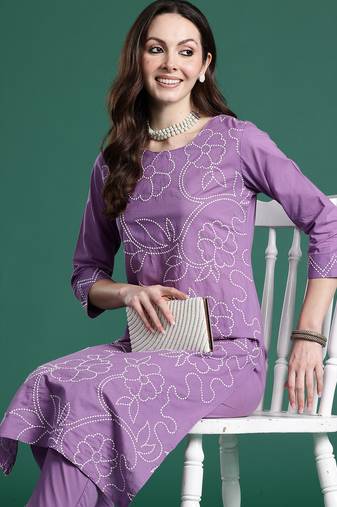 Purple printed pure cotton kurta trouser set