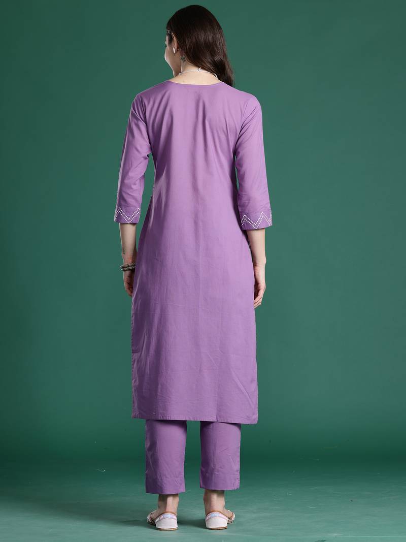 Purple printed pure cotton kurta trouser set
