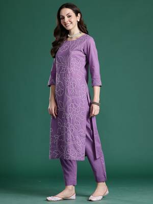 Purple printed pure cotton kurta trouser set 3