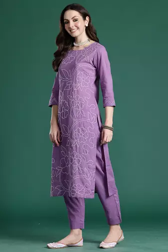 Purple printed pure cotton kurta trouser set