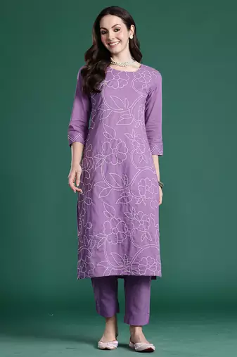 Purple printed pure cotton kurta trouser set