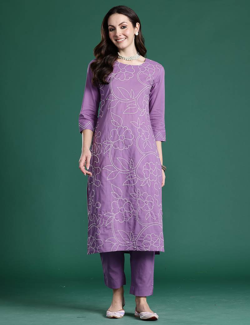 Purple printed pure cotton kurta trouser set