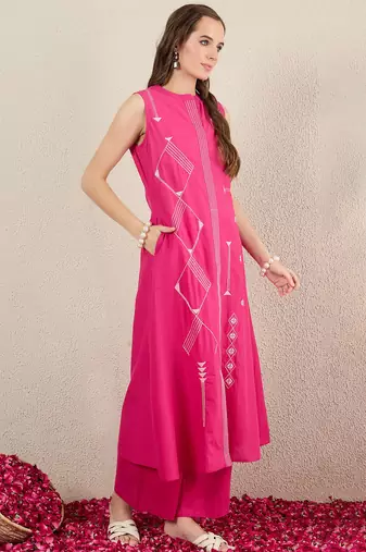 Pink embroidered pure cotton kurta trouser set