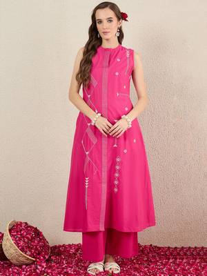 Pink embroidered pure cotton kurta trouser set 4