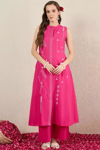 Pink embroidered pure cotton kurta trouser set