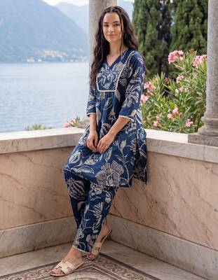 Navy blue printed pure cotton kurta trouser set 1