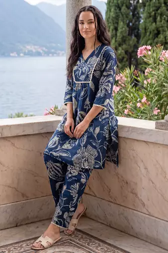Navy blue printed pure cotton kurta trouser set