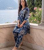 Navy blue printed pure cotton kurta trouser set