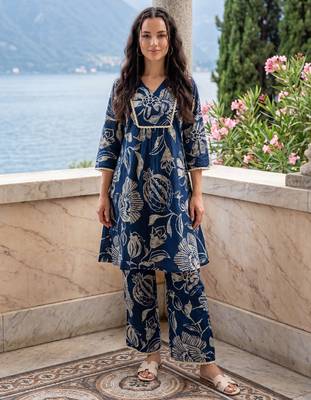 Navy blue printed pure cotton kurta trouser set 2