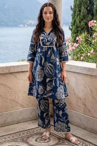 Navy blue printed pure cotton kurta trouser set