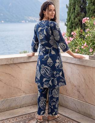 Navy blue printed pure cotton kurta trouser set 3