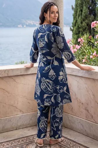 Navy blue printed pure cotton kurta trouser set