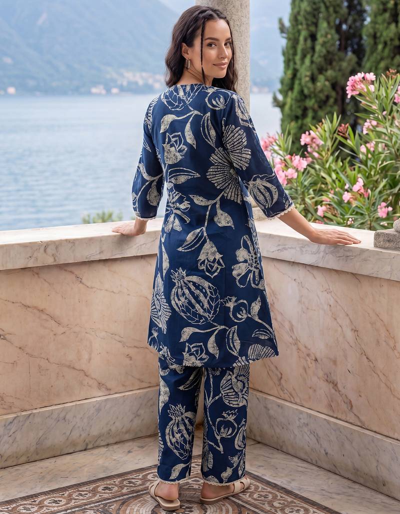 Navy blue printed pure cotton kurta trouser set