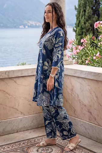 Navy blue printed pure cotton kurta trouser set