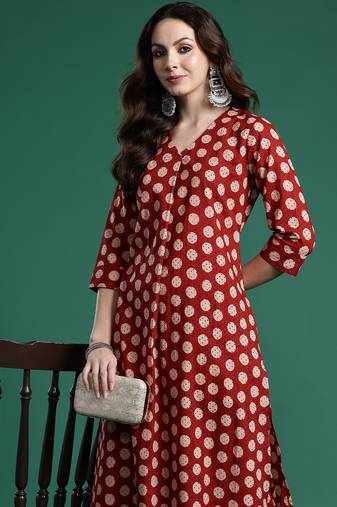 Maroon printed pure cotton kurta trouser set