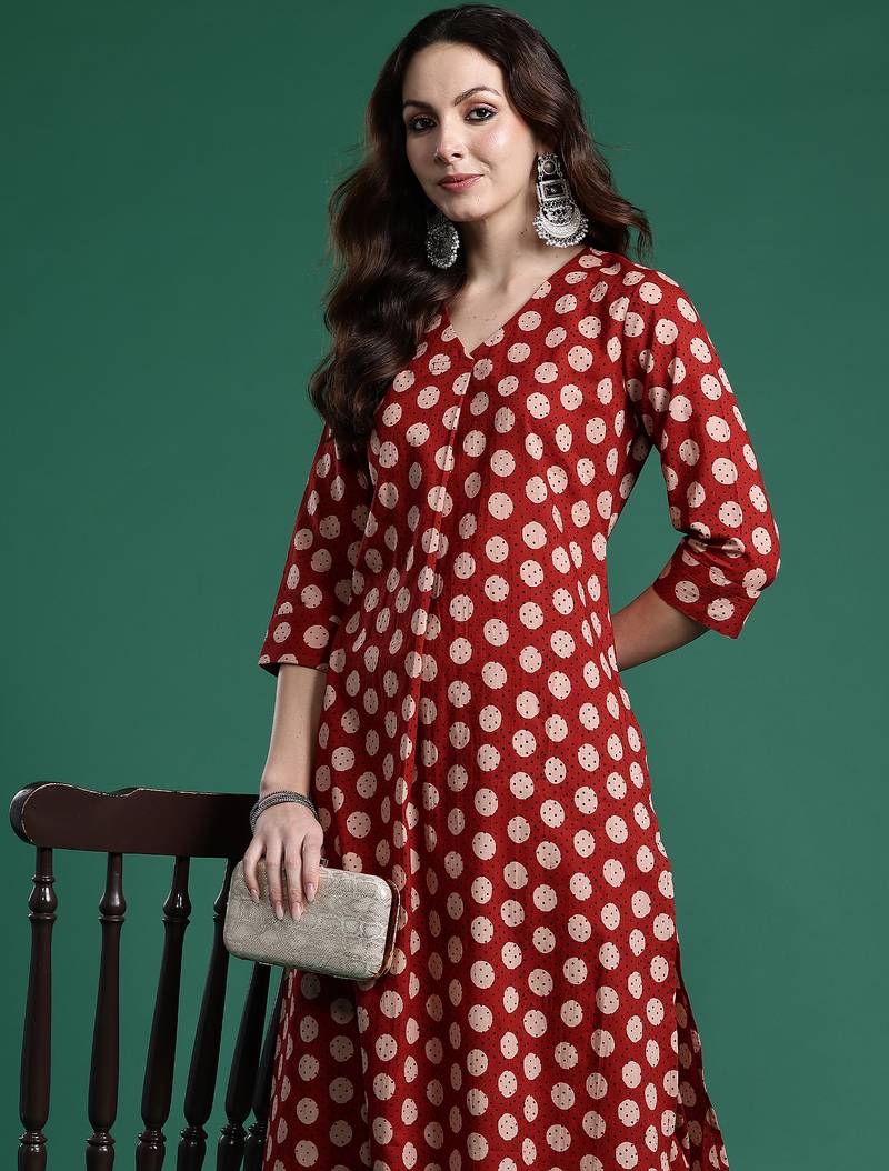 Maroon printed pure cotton kurta trouser set