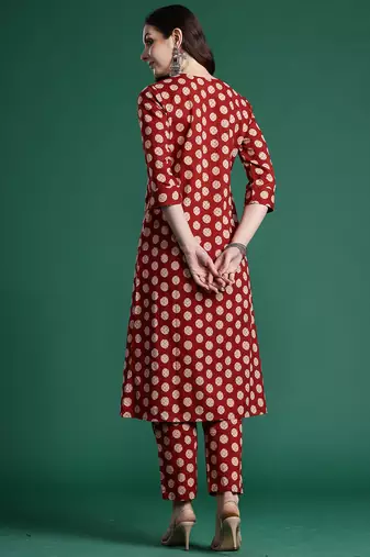 Maroon printed pure cotton kurta trouser set