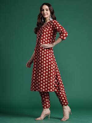 Maroon printed pure cotton kurta trouser set 3