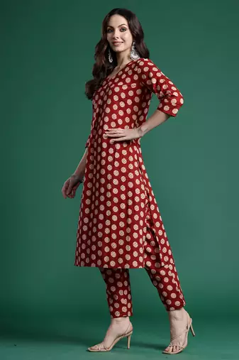 Maroon printed pure cotton kurta trouser set